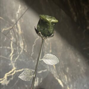 Green Jade Rose Carved on a Stainless Steel Stem